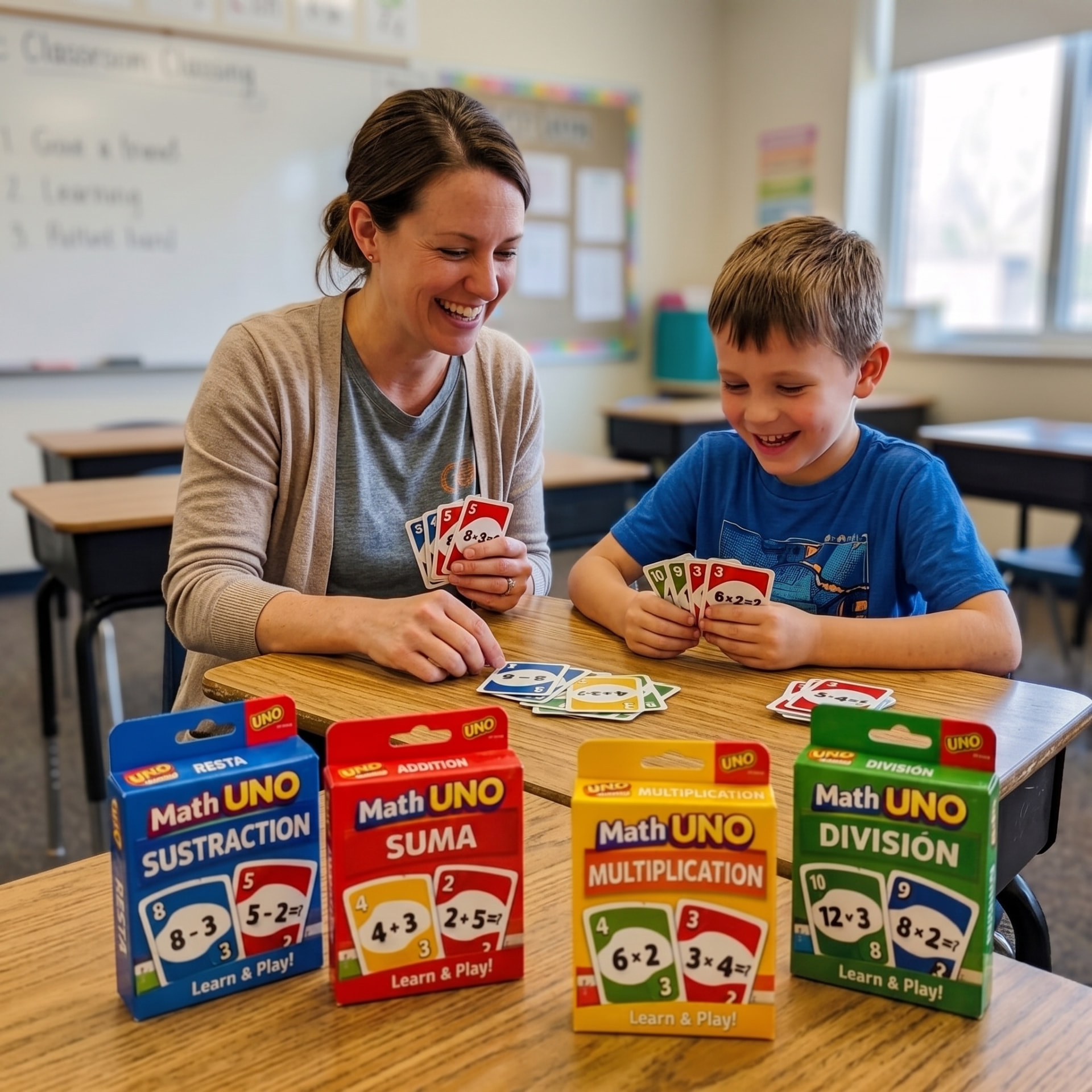 Maestra y niño sonriendo mientras juegan con las cartas de matemáticas en el aula